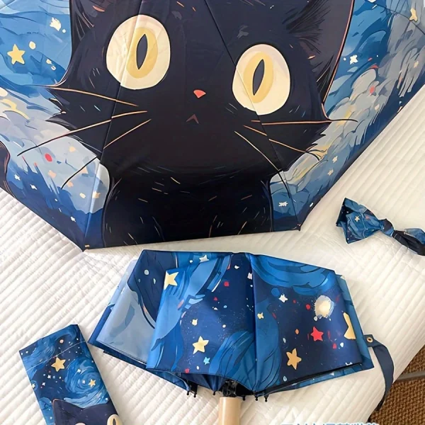 Paraguas plegable con estampado de gato negro