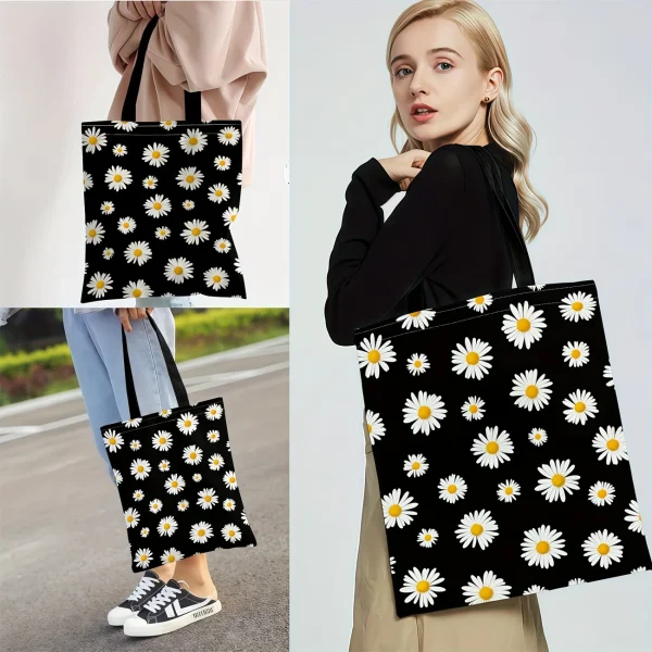 Tote Bag con Patrón de Margaritas Blancas