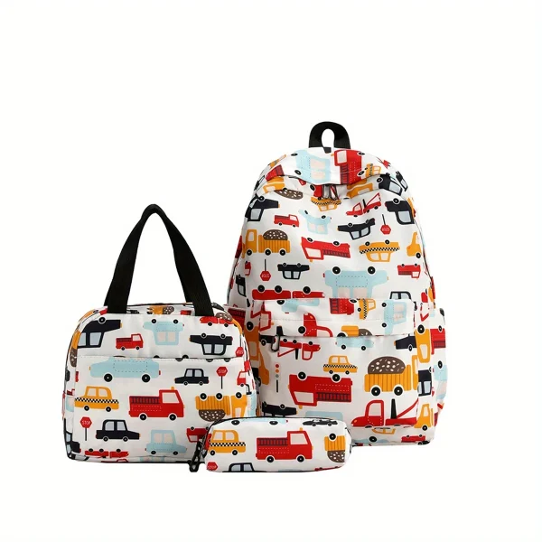 Juego de 3 piezas Estuche, Mochila y Bolsa de Almuezo - Diseño Coches